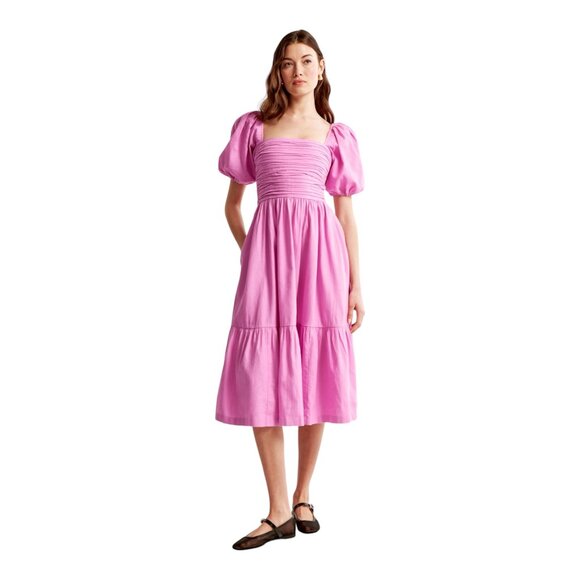 Abercrombie & Fitch Emerson Linen-Blend Puff Sleeve Midi Dress in Pink Size S - Picture 1 of 12
